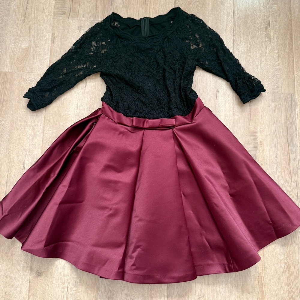 Girl’s Black Lace Top & Red Satin A Line Dress Formal Party, 26” Chest, 30” Long
